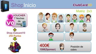 250 Puntos
Matriz 2x3
ShopInicio
Shop.Clubcard10
400€
100€(Sponsor)
Posición de
cobro
42
ptos
VOUCHER
7 Noches
de
Hotel
 