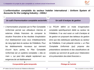 37 Plan comptable du secteur hôtelier3ème édition Club des Financiers de l’Hôtellerie de Marrakech
L’uniformisation comptable du secteur hotelier international : Uniform System of
Accounts for the Lodging Industry – USALI
5. Adaptation du projet du plan comptable au contexte actuel et benchmark
• L’harmonisation proposée par le Plan Comptable
Uniformisé permet aux utilisateurs internes et
externes d’états financiers de comparer la
situation financière et les résultats d’exploitation
d’un établissement avec ceux d’établissements
de rang égal dans le secteur de l’hôtellerie. Pour
les établissements nouveaux qui viennent
d’ouvrir leurs portes, le Plan Comptable
Uniformisé est un système comptable « clés en
main », qui peut être adapté rapidement aux
exigences de cet établissement
• Le PCUIH définit un mode d’organisation
comptable spécifiquement dédié au secteur de
l’hôtellerie. Il se veut aussi un outil d’analyse et
de gestion en proposant des tableaux de gestion
ainsi que des statistiques spécifiques au secteur
de l’hôtellerie. Il est présenté comme « un Plan
Comptable Uniformisé (qui) propose des
présentations standards et des classifications de
comptes qui serviront de guide pour l’élaboration
et la présentation des états financiers ».
Comparabilité spatio-temporelle Pilotage de l’activité
Un outil d’analyse de gestionUn outil d’harmonisation comptable sectorielle
1 2
 