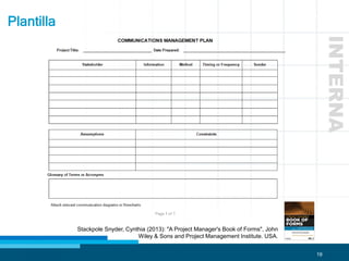 19
Plantilla
INTERNA
Stackpole Snyder, Cynthia (2013): "A Project Manager's Book of Forms", John
Wiley & Sons and Project Management Institute. USA.
 