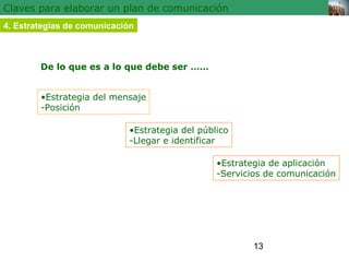 13 
Claves para elaborar un plan de comunicación 
4. Estrategias de comunicación 
De lo que es a lo que debe ser …… 
•Estrategia del mensaje 
-Posición 
•Estrategia del público 
-Llegar e identificar 
•Estrategia de aplicación 
-Servicios de comunicación 
 
