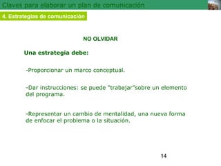 14 
Claves para elaborar un plan de comunicación 
4. Estrategias de comunicación 
NO OLVIDAR 
Una estrategia debe: 
-Proporcionar un marco conceptual. 
-Dar instrucciones: se puede “trabajar”sobre un elemento 
del programa. 
-Representar un cambio de mentalidad, una nueva forma 
de enfocar el problema o la situación. 
 