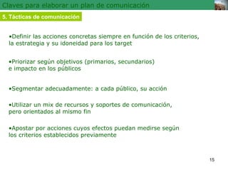 Claves para elaborar un plan de comunicación 5. Tácticas de comunicación • Apostar por acciones cuyos efectos puedan medirse según  los criterios establecidos previamente • Definir las acciones concretas siempre en función de los criterios,  la estrategia y su idoneidad para los target • Priorizar según objetivos (primarios, secundarios)  e impacto en los públicos • Segmentar adecuadamente: a cada público, su acción • Utilizar un mix de recursos y soportes de comunicación,  pero orientados al mismo fin 