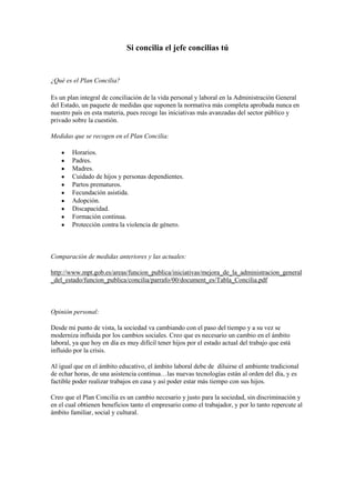 Si concilia el jefe concilias tú<br />¿Qué es el Plan Concilia?<br />Es un plan integral de conciliación de la vida personal y laboral en la Administración General del Estado, un paquete de medidas que suponen la normativa más completa aprobada nunca en nuestro país en esta materia, pues recoge las iniciativas más avanzadas del sector público y privado sobre la cuestión.<br />Medidas que se recogen en el Plan Concilia:<br />Horarios.<br />Padres.<br />Madres.<br />Cuidado de hijos y personas dependientes.<br />Partos prematuros.<br />Fecundación asistida.<br />Adopción.<br />Discapacidad.<br />Formación continua.<br />Protección contra la violencia de género.<br />Comparación de medidas anteriores y las actuales:<br />http://www.mpt.gob.es/areas/funcion_publica/iniciativas/mejora_de_la_administracion_general_del_estado/funcion_publica/concilia/parrafo/00/document_es/Tabla_Concilia.pdf<br />Opinión personal:<br />Desde mi punto de vista, la sociedad va cambiando con el paso del tiempo y a su vez se moderniza influida por los cambios sociales. Creo que es necesario un cambio en el ámbito laboral, ya que hoy en día es muy difícil tener hijos por el estado actual del trabajo que está influido por la crisis. <br />Al igual que en el ámbito educativo, el ámbito laboral debe de  diluirse el ambiente tradicional de echar horas, de una asistencia continua…las nuevas tecnologías están al orden del día, y es factible poder realizar trabajos en casa y así poder estar más tiempo con sus hijos.<br />Creo que el Plan Concilia es un cambio necesario y justo para la sociedad, sin discriminación y en el cual obtienen beneficios tanto el empresario como el trabajador, y por lo tanto repercute al ámbito familiar, social y cultural. <br />