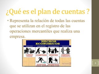 ¿Qué es el plan de cuentas ?
• Representa la relación de todas las cuentas
que se utilizan en el registro de las
operaciones mercantiles que realiza una
empresa.
3
 