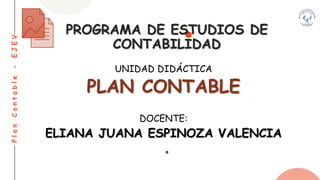 P
l
a
n
C
o
n
t
a
b
l
e
-
E
J
E
V
UNIDAD DIDÁCTICA
PLAN CONTABLE
DOCENTE:
ELIANA JUANA ESPINOZA VALENCIA
PROGRAMA DE ESTUDIOS DE
CONTABILIDAD
 