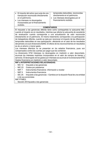 - 122 -
 El importe del activo que surja de una
transacción reconocida directamente
en el patrimonio.
 Los intereses no devengados
incorporados por el financiamiento
recibido.
temporales deducibles, reconocidas
directamente en el patrimonio.
 Los intereses devengados por el
financiamiento recibido.
COMENTARIOS
El impuesto a las ganancias diferido tiene como contrapartida la subcuenta 882,
cuando el impacto es en resultados, mientras que afecta la subcuenta de excedente
de revaluación cuando corresponde a una actualización de valor reconocida
directamente en el patrimonio. El mismo tratamiento corresponde a la participación
de trabajadores diferida, cuando se opta por reconocer el impacto de las diferencias
temporales deducibles en esa participación, afectando en el caso de los resultados
del periodo a la sub divisionaria 62942. El efecto de los reconocimientos en resultados
es de un ahorro o menor gasto.
Los intereses diferidos no se presentan en los estados financieros, pues son
compensados contra las cuentas por pagar que los contienen.
La divisionaria 3732 Intereses no devengados en medición a valor descontado,
acumula los intereses implícitos incorporados en el valor de compra de bienes y
servicios. El devengado de los gastos por intereses se acumula en la divisionaria 6792
Gastos financieros en medición a valor descontado.
NIIF e INTERPRETACIONES RELACIONADAS:
 NIC 12 Impuesto a las ganancias
 NIC 23 Costos por préstamos
 NIIF 7 Instrumentos financieros: información a revelar
 NIIF 9 Instrumentos financieros
 SIC 25 Impuesto a las ganancias – Cambios en la situación fiscal de una entidad
o de sus accionistas
NIIF PYMES:
 Sección 29 Impuesto a las ganancias
 