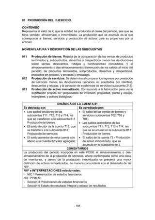 - 198 -
81 PRODUCCIÓN DEL EJERCICIO
CONTENIDO
Representa el valor de lo que la entidad ha producido al cierre del período, sea que se
haya vendido, almacenado o inmovilizado. La producción que se acumula es la que
corresponde a: bienes; servicios y producción de activos para su propio uso por la
entidad.
NOMENCLATURA Y DESCRIPCIÓN DE LAS SUBCUENTAS
811 Producción de bienes. Resulta de la comparación de las ventas de productos
terminados y, subproductos, desechos y desperdicios menos las devoluciones
sobre ventas, descuentos, rebajas y bonificaciones concedidos, y el
almacenamiento o des-almacenamiento (disminución de los saldos al inicio del
período) de productos terminados, subproductos, desechos y desperdicios,
productos en proceso, y envases y embalajes.
812 Producción de servicios. Se determina al comparar los ingresos por prestación
de servicios menos las devoluciones (servicios no aceptados por clientes),
descuentos y rebajas, y la variación de existencias de servicios (subcuenta 215).
813 Producción de activo inmovilizado. Corresponde a la fabricación para uso o
explotación propios de: propiedades de inversión, propiedad, planta y equipo,
intangibles; y activos biológicos.
DINÁMICA DE LA CUENTA 81
Es debitada por: Es acreditada por:
 Los saldos deudores de las
subcuentas 711, 712, 713 y 714, los
que se transfieren a la subcuenta 811
Producción de bienes.
 El saldo deudor de la cuenta 715, que
se transfiere a la subcuenta 812
Producción de servicios.
 El saldo acreedor de esta cuenta con
abono a la Cuenta 82 Valor agregado.
 El saldo de las ventas de bienes y
servicios (subcuentas 702, 703 y
704).
 Los saldos acreedores de las
subcuentas 711, 712, 713 y 714, las
que se acumulan en la subcuenta 811
Producción de bienes.
 El saldo de la cuenta 72 - Producción
de activo inmovilizado, que se
acumula en la subcuenta 813.
COMENTARIOS
La producción del periodo incorpora en este PCGE el almacenamiento o des-
almacenamiento de la producción de servicios, ahora contemplada como una clase
de inventarios, y dentro de la producción inmovilizada se presenta una mayor
distinción de activos inmovilizados, de manera concordante con el desarrollo de las
NIIF.
NIIF e INTERPRETACIONES relacionadas:
 NIC 1 Presentación de estados financieros
NIIF PYMES:
 Sección 3 Presentación de estados financieros
 Sección 5 Estado de resultado integral y estado de resultados
 