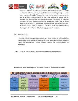 los que se indicarán las rutas de evacuación. Situación actual de la I.E.; donde
se describe en forma general, el estado del mismo y los riesgos a que pudiera
estar expuesto. Situación futura o situaciones planteadas sobre la emergencia
que se producirá, determinando el día, hora, sistema de alarma que se
utilizará, etc. (SIMULACRO) Concepto general de la evacuación, en el que se
describirá en forma genérica el desarrollo del ejercicio. (SIMULACRO). Tareas
específicas, en el que se describirá el accionar de cada Brigada de Seguridad,
durante el tiempo que dure el ejercicio. Directorio Telefónico de Emergencias:
Municipalidad, Bomberos, PNP, Serenazgo, puesto de salud etc.
XXIV. PRESUPUESTO;
- El requerimiento presupuestal se establecerá por el Comité de Defensa Civil en
coordinación con la APAFA, los cuales, si el caso lo requiere se pedirá el apoyo, al
comité de Defensa Civil Distrital, quienes cuentan con un presupuesto de
emergencia.
XXV. EVALUACION El Plan de Contingencia será evaluado periódicamente.
Kits básicos para la emergencia que debe contar la Institución Educativa
Kit para la primera respuesta ante una emergencia de una Institución Educativa
Materiales
Primeros
auxilios
Equipos de
primeros
auxilios
Equipo de
rescate
Equipo contra
incendio
Equipos de
entrada
forzada
Equipos de
comunicación
Caja de gasa
estéril
Camillas
metálicas
Juego de cuerdas
Sistema de
mangueras
Palas Radio a pilas
Esparadrapo
Caja de
depósitos
Linterna de mano Extintores Picotas Walki talke
Vendas
Caja de
guantes
Mosquetones oval
Bolsas de arena
fina
Cinceles
Sistema de
alarma
Tablilla para
fracturas
Férulas de
vacío kits
Mosquetones
delta
Mascaras anti gas Hachas Megáfonos
Plan elaborado, recopilado e investigado por : Lic. Rolando Ramos Nación 29
 