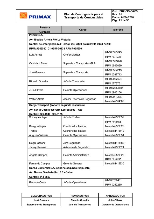 plan contingencia para el transporte de combustible formato control de gasolina