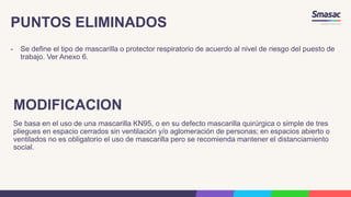 PUNTOS ELIMINADOS
- Se define el tipo de mascarilla o protector respiratorio de acuerdo al nivel de riesgo del puesto de
trabajo. Ver Anexo 6.
MODIFICACION
Se basa en el uso de una mascarilla KN95, o en su defecto mascarilla quirúrgica o simple de tres
pliegues en espacio cerrados sin ventilación y/o aglomeración de personas; en espacios abierto o
ventilados no es obligatorio el uso de mascarilla pero se recomienda mantener el distanciamiento
social.
 
