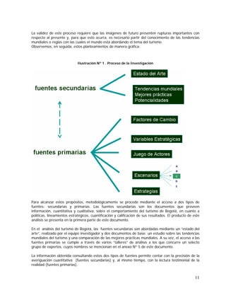11
La validez de este proceso requiere que las imágenes de futuro presenten rupturas importantes con
respecto al presente y, para que esto ocurra, es necesario partir del conocimiento de las tendencias
mundiales o reglas con las cuales el mundo está abordando el tema del turismo.
Observemos, en seguida, estos planteamientos de manera gráfica:
Ilustración Nº 1 . Proceso de la Investigación
Para alcanzar estos propósitos, metodológicamente se procede mediante el acceso a dos tipos de
fuentes: secundarias y primarias. Las fuentes secundarias son los documentos que proveen
información, cuantitativa y cualitativa, sobre el comportamiento del turismo de Bogotá, en cuanto a
políticas, lineamientos estratégicos, cuantificación y calificación de sus resultados. El producto de este
análisis se presenta en la primera parte de este documento.
En el análisis del turismo de Bogotá, las fuentes secundarias son abordadas mediante un “estado del
arte”, realizado por el equipo investigador y dos documentos de base: un estudio sobre las tendencias
mundiales del turismo y una comparación de las mejores prácticas mundiales. A su vez, el acceso a las
fuentes primarias se cumple a través de varios “talleres” de análisis a los que concurre un selecto
grupo de expertos, cuyos nombres se mencionan en el anexo Nº 5 de este documento.
La información obtenida consultando estos dos tipos de fuentes permite contar con la precisión de la
averiguación cuantitativa (fuentes secundarias) y, al mismo tiempo, con la lectura testimonial de la
realidad (fuentes primarias).
 