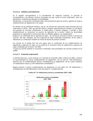 146
4.3.6.2.6. Calidad y normalización.
En el capítulo correspondiente a la normalización de empresas turísticas, se describe lo
correspondiente a las Normas Técnicas Sectoriales con que cuenta el sector empresarial para sus
operaciones, competencias laborales y sostenibilidad.
Actualmente, se encuentran certificados sobre estos parámetros guías de turismo, agencias de viajes y
establecimientos de alojamiento en la ciudad.
En relación con la certificación hotelera, una de las normas que representa mayor atracción para los
empresarios es NTSH - 006, que permite obtener categoría representada por estrellas, lo cual aporta
una posición de mercado. Actualmente la ciudad posee 4 hoteles categoría 5 estrellas y otros
establecimientos se encuentran en proceso de aplicación de la norma. Cotelco ha desarrollado
programas de capacitación y asesoría para que sus afiliados apliquen a la categorización.
Respecto a la certificación de las agencias de viajes, las normas de atención al cliente y servicios de
reservas han sido utilizados por las 8 agencias de viajes certificadas actualmente, de las cuales 2
adicionaron su certificación mediante la norma de diseño de producto turístico.
Las normas de la familia ISO son otro apoyo para la certificación de los establecimientos de
alojamiento y agencias de viajes, en la ciudad ya se encuentra oferta de alojamiento y agencias de
viajes certificadas por la norma ISO 9002.
12 guías de turismo también se encuentran certificados como prestadores de servicios turísticos en la
ciudad.
4.3.6.2.7. Evolución empresarial
La DITUR anota que, a nivel nacional, en el período de noviembre 2003 a febrero de 2006, “entraron
en funcionamiento 45 nuevos establecimientos de alojamiento, con un total de 1.289 habitaciones;
mientras que 70 establecimientos hicieron remodelaciones o ampliaciones, de las cuales resultaron
314 habitaciones nuevas y 2.007 habitaciones remodeladas”85
Bogotá presenta 3 nuevos establecimientos de alojamiento en este lapso con 107 habitaciones y
remodelaciones de 530 habitaciones (24% del total) en 7 establecimientos.
Gráfico N° 70. Habitaciones nuevas y remodeladas 2003- 2006
Habitaciones nuevas y remodeladas
2003 - 2006*
307
811
171
60
397
1.750
1.289
114
2.321
0
400
800
1.200
1.600
2.000
2.400
2003 2004 2005 2006* Total
Hab nuevas Hab remodeladas
Fuente: Grupo de Investigaciones-DITUR
*Cifras a febrero
85
Boletín Sistema de Información Turística 002, Dirección Nacional de Turismo. Mincomercio. Marzo 2006
 