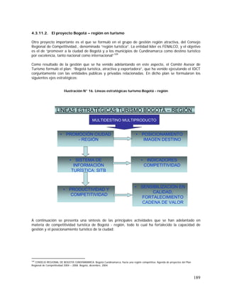 189
4.3.11.2. El proyecto Bogotá – región en turismo
Otro proyecto importante es el que se formuló en el grupo de gestión región atractiva, del Consejo
Regional de Competitividad., denominado “región turística”. La entidad líder es FENALCO, y el objetivo
es el de “promover a la ciudad de Bogotá y a los municipios de Cundinamarca como destino turístico
por excelencia, tanto nacional como internacional”109
Como resultado de la gestión que se ha venido adelantando en este aspecto, el Comité Asesor de
Turismo formuló el plan: “Bogotá turística, atractiva y exportadora”, que ha venido ejecutando el IDCT
conjuntamente con las entidades públicas y privadas relacionadas. En dicho plan se formularon los
siguientes ejes estratégicos:
Ilustración N° 16. Líneas estratégicas turismo Bogotá - región
A continuación se presenta una síntesis de las principales actividades que se han adelantado en
materia de competitividad turística de Bogotá - región, todo lo cual ha fortalecido la capacidad de
gestión y el posicionamiento turístico de la ciudad:
109
CONSEJO REGIONAL DE BOGOTÁ CUNDINAMARCA. Bogotá Cundinamarca, hacia una región competitiva. Agenda de proyectos del Plan
Regional de Competitividad 2004 – 2008. Bogotá, diciembre, 2004.
• PROMOCIÓN CIUDAD
- REGIÓN
• SISTEMA DE
INFORMACIÓN
TURÍSTICA: SITB
• PRODUCTIVIDAD Y
COMPETITIVIDAD
• POSICIONAMIENTO
IMAGEN DESTINO
• INDICADORES
COMPETITIVIDAD
• SENSIBILIZACIÓN EN
CALIDAD,
FORTALECIMIENTO
CADENA DE VALOR
LÍNEAS ESTRATÉGICAS TURISMO BOGOTÁ – REGIÓN
MULTIDESTINO MULTIPRODUCTO
• PROMOCIÓN CIUDAD
- REGIÓN
• SISTEMA DE
INFORMACIÓN
TURÍSTICA: SITB
• PRODUCTIVIDAD Y
COMPETITIVIDAD
• POSICIONAMIENTO
IMAGEN DESTINO
• INDICADORES
COMPETITIVIDAD
• SENSIBILIZACIÓN EN
CALIDAD,
FORTALECIMIENTO
CADENA DE VALOR
LÍNEAS ESTRATÉGICAS TURISMO BOGOTÁ – REGIÓN
MULTIDESTINO MULTIPRODUCTO
 