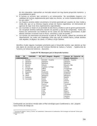 208
de otra naturaleza, representan un mercado natural con muy buena proyección numérica y
de posibilidad de gasto.
El turismo es terrestre (por carretera) y en consecuencia, “las necesidades mayores y la
viabilidad del turismo departamental para todos los efectos, se centra fundamentalmente en
los ejes viales.” 120
Las mayores acciones deben encaminarse al turismo generado por usuarios de clase media y
media alta, que en su inmensa mayoría actúan de manera espontánea. sin intervención de
agencias de viaje ni de otras organizaciones especializadas.
Los recorridos se sitúan en un promedio de dos horas y media lo cual no genera pernoctación.
(Se exceptúan destinos balnearios durante los puentes y épocas de temporada). “Como una
manera de contrarrestar esa tendencia sin los costos de una hotelería convencional, el plan
aborda estimular el turismo rural en fincas, conventos y casas de pueblo“121
Los turistas con intenciones de pernoctar en plan de fin de semana, utilizan las carreteras del
departamento, las cuales son empleadas como una ruta de tránsito hacia y desde destinos
más alejados, en Boyacá, los Llanos, el Tolima o el Eje Cafetero.
Identifica el plan algunos municipios prioritarios para el desarrollo turístico, que además ya han
sido objeto de atención por parte del Instituto Distrital de Cultura y Turismo - Subdirección de
Turismo y la Cámara de Comercio – Asocentro.
Cuadro Nº 90. Municipios para el desarrollo turístico
PLAN DE TURISMO DE
CUMDINAMARCA
IDCT ( Bogotá – Región) Cámara de Comercio de
Bogotá. Asocentro.
1. Girardot
2. Zipaquirá
3. Nemocón
4. Ricaurte
5. Silvania
6. Fusagasugá
7. Guaduas
8. Anapoima
9. Villeta
10. Ubaté
11. Guatavita
12. Cucunubá
Girardot - Tocaima
Zipaquirá
Nemocón
Silvana
Guaduas, La Vega,
Villeta.
Ubaté
Guatavita
Cucunubá
Mosquera
Madrid
Funza
Soacha
El Colegio
Suesca
Tocancipá
Tabio
Tenjo
Chía
Cajicá
Sopó
Girardot - Tocaima
Zipaquirá
Nemocón
Ricaurte, Nilo
Silvania
Fusagasugá
La Vega
Anapoima
Guatavita
Mosquera
Madrid
Funza
Soacha
Suesca
Tocancipá
Chía
Cajicá
Sopó
Bojacá
Zipacón
Facatativá
Sasaima
La Mesa
Continuando con una breve mirada sobre el Plan estratégico para Cundinamarca, éste propone
nueve frentes de trabajo así:
120
Secretaría de Deporte, Cultura y Turismo de Cundinamarca. Gobernación de Cundinamarca, Plan Estratégico de Desarrollo Turístico para
Cundinamarca. 2006
121
Ibid.
 