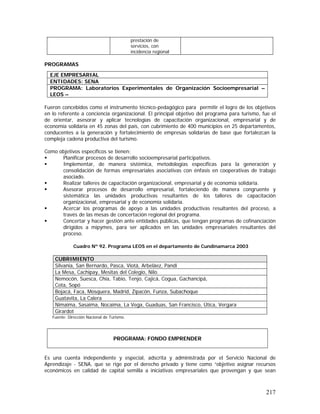 217
prestación de
servicios, con
incidencia regional
PROGRAMAS
Fueron concebidos como el instrumento técnico-pedagógico para permitir el logro de los objetivos
en lo referente a conciencia organizacional. El principal objetivo del programa para turismo, fue el
de orientar, asesorar y aplicar tecnologías de capacitación organizacional, empresarial y de
economía solidaria en 45 zonas del país, con cubrimiento de 400 municipios en 25 departamentos,
conducentes a la generación y fortalecimiento de empresas solidarias de base que fortalezcan la
compleja cadena productiva del turismo.
Como objetivos específicos se tienen:
Planificar procesos de desarrollo socioempresarial participativos.
Implementar, de manera sistémica, metodologías específicas para la generación y
consolidación de formas empresariales asociativas con énfasis en cooperativas de trabajo
asociado.
Realizar talleres de capacitación organizacional, empresarial y de economía solidaria.
Asesorar procesos de desarrollo empresarial, fortaleciendo de manera congruente y
sistemática las unidades productivas resultantes de los talleres de capacitación
organizacional, empresarial y de economía solidaria.
Acercar los programas de apoyo a las unidades productivas resultantes del proceso, a
través de las mesas de concertación regional del programa.
Concertar y hacer gestión ante entidades públicas, que tengan programas de cofinanciación
dirigidos a mipymes, para ser aplicados en las unidades empresariales resultantes del
proceso.
Cuadro Nº 92. Programa LEOS en el departamento de Cundinamarca 2003
CUBRIMIENTO
Silvania, San Bernardo, Pasca, Viotá, Arbeláez, Pandi
La Mesa, Cachipay, Mesitas del Colegio, Nilo.
Nemocón, Suesca, Chía, Tabio, Tenjo, Cajicá, Cogua, Gachancipá,
Cota, Sopó
Bojacá, Faca, Mosquera, Madrid, Zipacón, Funza, Subachoque
Guatavita, La Calera
Nimaima, Sasaima, Nocaima, La Vega, Guaduas, San Francisco, Útica, Vergara
Girardot
Fuente: Dirección Nacional de Turismo.
Es una cuenta independiente y especial, adscrita y administrada por el Servicio Nacional de
Aprendizaje - SENA, que se rige por el derecho privado y tiene como “objetivo asignar recursos
económicos en calidad de capital semilla a iniciativas empresariales que provengan y que sean
EJE EMPRESARIAL
ENTIDADES: SENA
PROGRAMA: Laboratorios Experimentales de Organización Socioempresarial –
LEOS –
PROGRAMA: FONDO EMPRENDER
 