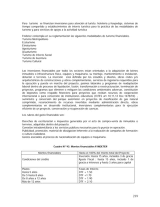 219
Para turismo se financian inversiones para atención al turista: hotelería y hospedaje, sistemas de
tiempo compartido y establecimientos de interés turístico para la práctica de las modalidades de
turismo y para servicios de apoyo a la actividad turística
Findeter contempla en su reglamentación las siguientes modalidades de turismo financiables.
Turismo Metropolitano
Ecoturismo
Etnoturismo
Agroturismo
Acuaturismo
Turismo de Interés Social
Turismo de Aventura
Turismo Cultural
Las inversiones financiables por todos los sectores están orientadas a la adquisición de bienes
inmuebles o infraestructura física, equipos y maquinaria, su montaje, mantenimiento o instalación,
dotación o terrenos. La inversión está definida por los estudios y diseños, obras civiles y/o
arquitectónicas de construcciones y obras complementarias, servicios de ingeniería requeridos para
la ejecución y puesta en marcha del proyecto, pasivos laborales y programas de readaptación
laboral dentro de procesos de liquidación, fusión, transformación o reestructuración, terminación de
proyectos, programas que eliminen o mitiguen las condiciones ambientales adversas, constitución
de depósitos como respaldo financiero para proyectos que reciban recursos de cooperación
internacional o para conversión de instituciones educativas (ICFES art 10,11,12 Dec.1478/94). ,
suministro y conversión del parque automotor en proyectos de masificación de gas natural
comprimido, reconocimiento de recursos invertidos mediante administración directa, obras
complementarias en desarrollo institucional, inversiones complementarias para la ejecución
eficiente de un proyecto, conservación y recuperación de cuencas.
Los rubros del gasto financiable son:
Derechos de escrituración e impuestos generados por el acto de compra-venta de inmuebles o
terrenos, adquiridos dentro del proyecto.
Conexión intradomiciliaria a los servicios públicos necesarios para la puesta en operación.
Publicidad, promoción, material de divulgación inherente a la realización de campañas de formación
o cultura ciudadana.
Gastos asociados al proceso de nacionalización de equipos o maquinaria.
Cuadro Nº 93. Montos financiables FINDETER
Montos financiables Hasta el 100% del monto total del Proyecto
Condiciones del crédito
Inversión: Hasta 15 años, incluidos 3 de gracia
Ajuste Fiscal : hasta 15 años, incluido 1 de
gracia a intereses y hasta 3 años para capital
Plazos:
Hasta 5 años
De 5 hasta 8 años
De 8 años a 12 años
Más de 12 años
Tasas de Interés:
DTF + 1.50
DTF +1.70
DTF + 1.90
DTF + 2.10
 