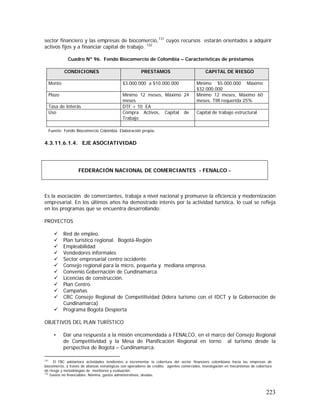 223
sector financiero y las empresas de biocomercio,131
cuyos recursos estarán orientados a adquirir
activos fijos y a financiar capital de trabajo. 132
Cuadro Nº 96. Fondo Biocomercio de Colombia – Características de préstamos
CONDICIONES PRESTAMOS CAPITAL DE RIESGO
Monto $3.000.000 a $10.000.000 Mínimo $5.000.000 Máximo
$32.000.000
Plazo Mínimo 12 meses, Máximo 24
meses
Mínimo 12 meses, Máximo 60
meses. TIR requerida 25%
Tasa de Interás DTF + 10 EA
Uso Compra Activos, Capital de
Trabajo
Capital de trabajo estructural
Fuente: Fondo Biocomercio Colombia. Elaboración propia.
4.3.11.6.1.4. EJE ASOCIATIVIDAD
Es la asociación de comerciantes, trabaja a nivel nacional y promueve la eficiencia y modernización
empresarial. En los últimos años ha demostrado interés por la actividad turística, lo cual se refleja
en los programas que se encuentra desarrollando:
PROYECTOS
Red de empleo.
Plan turístico regional. Bogotá-Región
Empleabilidad
Vendedores informales
Sector empresarial centro occidente.
Consejo regional para la micro, pequeña y mediana empresa.
Convenio Gobernación de Cundinamarca.
Licencias de construcción.
Plan Centro.
Campañas
CRC Consejo Regional de Competitividad (lidera turismo con el IDCT y la Gobernación de
Cundinamarca)
Programa Bogotá Despierta
OBJETIVOS DEL PLAN TURÍSTICO
• Dar una respuesta a la misión encomendada a FENALCO, en el marco del Consejo Regional
de Competitividad y la Mesa de Planificación Regional en torno al turismo desde la
perspectiva de Bogotá – Cundinamarca.
131
El FBC adelantará actividades tendientes a incrementar la cobertura del sector financiero colombiano hacia las empresas de
biocomercio, a través de alianzas estratégicas con operadores de crédito, agentes comerciales, investigación en mecanismos de cobertura
de riesgo y metodologías de monitoreo y evaluación.
132
Gastos no financiables: Nómina, gastos administrativos, deudas.
FEDERACIÓN NACIONAL DE COMERCIANTES - FENALCO -
 