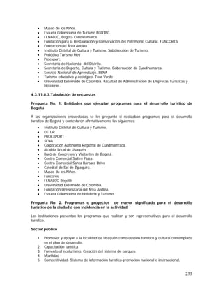 233
• Museo de los Niños.
• Escuela Colombiana de Turismo ECOTEC.
• FENALCO, Bogotá Cundinamarca
• Fundación para la Restauración y Conservación del Patrimonio Cultural. FUNCORES
• Fundación del Área Andina
• Instituto Distrital de Cultura y Turismo. Subdirección de Turismo.
• Periódico Turismo Hoy
• Proexport.
• Secretaría de Hacienda del Distrito.
• Secretaria de Deporte, Cultura y Turismo. Gobernación de Cundinamarca.
• Servicio Nacional de Aprendizaje. SENA
• Turismo educativo y ecológico. Tour Verde
• Universidad Externado de Colombia. Facultad de Administración de Empresas Turísticas y
Hoteleras.
4.3.11.8.3.Tabulación de encuestas
Pregunta No. 1. Entidades que ejecutan programas para el desarrollo turístico de
Bogotá
A las organizaciones encuestadas se les preguntó si realizaban programas para el desarrollo
turístico de Bogotá y contestaron afirmativamente las siguientes:
• Instituto Distrital de Cultura y Turismo.
• DITUR
• PROEXPORT
• SENA
• Corporación Autónoma Regional de Cundinamraca.
• Alcaldía Local de Usaquén
• Buró de Congresos y Visitantes de Bogotá.
• Centro Comercial Salitre Plaza.
• Centro Comercial Santa Bárbara Drive
• Catedral de Sal de Zipaquirá.
• Museo de los Niños.
• Funcores
• FENALCO Bogotá
• Universidad Externado de Colombia.
• Fundación Universitaria del Área Andina.
• Escuela Colombiana de Hotelería y Turismo.
Pregunta No. 2. Programas o proyectos de mayor significado para el desarrollo
turístico de la ciudad o con incidencia en la actividad
Las instituciones presentan los programas que realizan y son representativos para el desarrollo
turístico.
Sector público
1. Promover y apoyar a la localidad de Usaquén como destino turístico y cultural contemplado
en el plan de desarrollo.
2. Capacitación turística
3. Fomento al ecoturismo. Creación del sistema de parques.
4. Movilidad
5. Competitividad. Sistema de información turística-promoción nacional e internacional,
 