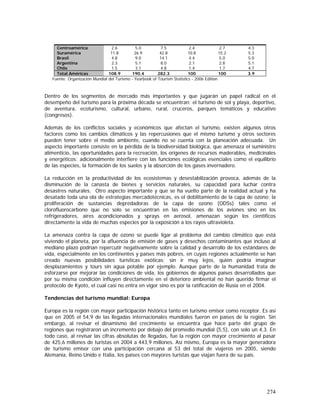 274
Centroamérica 2.6 5.0 7.5 2.4 2.7 4.3
Suramérica 11.8 26.9 42.8 10.8 15.2 5.3
Brasil 4.8 9.0 14.1 4.4 5.0 5.0
Argentina 2.3 5.1 8.0 2.1 2.8 5.1
Chile 1.5 3.1 4.8 1.4 1.7 4.7
Total Américas 108.9 190.4 282.3 100 100 3.9
Fuente: Organización Mundial del Turismo - Yearbook of Tourism Statistics - 2006 Edition
Dentro de los segmentos de mercado más importantes y que jugarán un papel radical en el
desempeño del turismo para la próxima década se encuentran: el turismo de sol y playa, deportivo,
de aventura, ecoturismo, cultural, urbano, rural, cruceros, parques temáticos y educativo
(congresos).
Además de los conflictos sociales y económicos que afectan el turismo, existen algunos otros
factores como los cambios climáticos y las repercusiones que el mismo turismo y otros sectores
pueden tener sobre el medio ambiente, cuando no se cuenta con la planeación adecuada. Un
aspecto importante consiste en la pérdida de la biodiversidad biológica, que amenaza el suministro
alimenticio, las oportunidades para la recreación, los orígenes de recursos maderables, medicinales
y energéticos; adicionalmente interfiere con las funciones ecológicas esenciales como el equilibrio
de las especies, la formación de los suelos y la absorción de los gases invernadero.
La reducción en la productividad de los ecosistemas y desestabilización provoca, además de la
disminución de la canasta de bienes y servicios naturales, su capacidad para luchar contra
desastres naturales. Otro aspecto importante y que se ha vuelto parte de la realidad actual y ha
desatado toda una ola de estrategias mercadotécnicas, es el debilitamiento de la capa de ozono; la
proliferación de sustancias depredadoras de la capa de ozono (ODSs) tales como el
clorofluorocarbono que no solo se encuentran en las emisiones de los aviones sino en los
refrigeradores, aires acondicionados y sprays en aerosol, amenazan según los científicos
directamente la vida de muchas especies por la exposición a los rayos ultravioleta.
La amenaza contra la capa de ozono se puede ligar al problema del cambio climático que está
viviendo el planeta, por la afluencia de emisión de gases y desechos contaminantes que incluso al
mediano plazo podrían repercutir negativamente sobre la calidad y desarrollo de los estándares de
vida, especialmente en los continentes y países más pobres, en cuyas regiones actualmente se han
creado nuevas posibilidades turísticas exóticas; sin ir muy lejos, quién podría imaginar
desplazamientos y tours sin agua potable por ejemplo. Aunque parte de la humanidad trata de
esforzarse por mejorar las condiciones de vida, los gobiernos de algunos países desarrollados que
por su misma condición influyen directamente en el deterioro ambiental no han querido firmar el
protocolo de Kyoto, el cual casi no entra en vigor sino es por la ratificación de Rusia en el 2004.
Tendencias del turismo mundial: Europa
Europa es la región con mayor participación histórica tanto en turismo emisor como receptor. Es así
que en 2005 el 54,9 de las llegadas internacionales mundiales fueron en países de la región. Sin
embargo, al revisar el dinamismo del crecimiento se encuentra que hace parte del grupo de
regiones que registraron un incremento por debajo del promedio mundial (5,5), con solo un 4,3. En
todo caso, al revisar las cifras absolutas de llegadas, fue la región con mayor crecimiento al pasar
de 425,6 millones de turistas en 2004 a 443,9 millones. Así mismo, Europa es la mayor generadora
de turismo emisor con una participación cercana al 53 del total de viajeros en 2005, siendo
Alemania, Reino Unido e Italia, los países con mayores turistas que viajan fuera de su país.
 