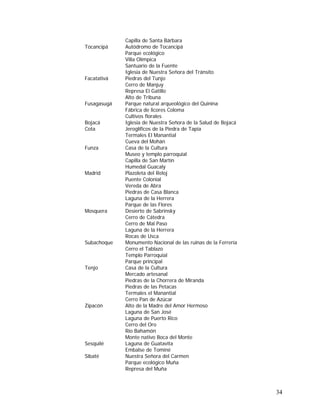 34
Capilla de Santa Bárbara
Tocancipá Autódromo de Tocancipá
Parque ecológico
Villa Olímpica
Santuario de la Fuente
Iglesia de Nuestra Señora del Tránsito
Facatativá Piedras del Tunjo
Cerro de Manjuy
Represa El Gatillo
Alto de Tribuna
Fusagasugá Parque natural arqueológico del Quinina
Fábrica de licores Coloma
Cultivos florales
Bojacá Iglesia de Nuestra Señora de la Salud de Bojacá
Cota Jeroglíficos de la Piedra de Tapia
Termales El Manantial
Cueva del Mohán
Funza Casa de la Cultura
Museo y templo parroquial
Capilla de San Martín
Humedal Guacaly
Madrid Plazoleta del Reloj
Puente Colonial
Vereda de Abra
Piedras de Casa Blanca
Laguna de la Herrera
Parque de las Flores
Mosquera Desierto de Sabrinsky
Cerro de Cátedra
Cerro de Mal Paso
Laguna de la Herrera
Rocas de Usca
Subachoque Monumento Nacional de las ruinas de la Ferrería
Cerro el Tablazo
Templo Parroquial
Parque principal
Tenjo Casa de la Cultura
Mercado artesanal
Piedras de la Chorrera de Miranda
Piedras de las Petacas
Termales el Manantial
Cerro Pan de Azúcar
Zipacón Alto de la Madre del Amor Hermoso
Laguna de San José
Laguna de Puerto Rico
Cerro del Oro
Río Bahamón
Monte nativo Boca del Monte
Sesquilé Laguna de Guatavita
Embalse de Tominé
Sibaté Nuestra Señora del Carmen
Parque ecológico Muña
Represa del Muña
 