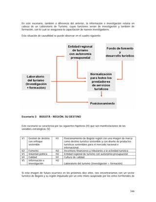 344
En este escenario, también a diferencia del anterior, la información e investigación estaría en
cabeza de un Laboratorio de Turismo, cuyas funciones serían de investigación y también de
formación, con lo cual se aseguraría la capacitación de nuevos investigadores.
Esta situación de causalidad se puede observar en el cuadro siguiente:
Escenario 3 BOGOTÁ - REGIÓN, SU DESTINO
Este escenario se caracteriza por las siguientes hipótesis (H) que son manifestaciones de las
variables estratégicas (V).
V1 Gestión de destino
con enfoque
sostenible
H1 Posicionamiento de Bogotá región con una imagen de marca
como destino turístico sostenible y con diseño de productos
turísticos sostenibles para el mercado nacional e
internacional.
V2 Fomento H2 Incentivos financieros y tributarios a la actividad turística
V3 Voluntad política H2 Entidad regional de turismo con autonomía presupuestal
V4 Calidad H1 Cultura de calidad.
V5 Información e
investigación
H2
Laboratorio del turismo (Investigación + formación)
Si esta imagen de futuro ocurriera en los próximos diez años, nos encontraríamos con un sector
turístico de Bogotá y su región impulsado por un ente mixto auspiciado por los entes territoriales de
 