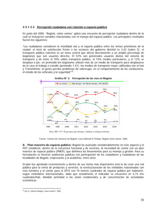 38
4.3.1.2.2. Percepción ciudadana con relación a espacio público
En junio del 2005, “Bogotá, cómo vamos” aplicó una encuesta de percepción ciudadana dentro de la
cual se incluyeron variables relacionadas con el manejo del espacio público. Los principales resultados
fueron los siguientes:
“Los ciudadanos consideran la movilidad vial y el espacio público entre los temas prioritarios de la
ciudad; el nivel de satisfacción frente a las acciones del gobierno distrital es 3,42 (sobre 5); el
transporte público colectivo es un tema central que afecta directamente a un amplio porcentaje de
bogotanos que son usuarios directos. El 52% son potenciales usuarios diarios del sistema de
transporte y de éstos el 70% utiliza transporte público, el 14% medios particulares, y el 12% se
desplaza a pie; en promedio los bogotanos utilizan más de un medio de transporte para desplazarse
de la casa al trabajo o estudio (promedio 1,41); los medios de transporte mejor calificados son el taxi
y Transmilenio; la gente percibe problemas de sobrecupo, en el comportamiento de los conductores,
el estado de los vehículos y la seguridad”26
.
Gráfico N° 3. Percepción de las vías en Bogotá
Fuente: Cámara de Comercio de Bogotá, Casa Editorial El Tiempo. Bogotá cómo vamos. 2005.
A. Plan maestro de espacio público: Bogotá ha avanzado considerablemente en este aspecto y el
POT estableció, dentro de la estructura funcional y de servicios, la necesidad de contar con un plan
maestro de espacio público (PMEP), que definiera los lineamientos para su manejo y gestión. Para su
formulación se hicieron audiencias públicas con participación de los ciudadanos y ciudadanas de las
localidades de Bogotá, empresarios y la academia, entre otros.
El plan fue aprobado recientemente y dentro de sus metas más importantes está la de crear una red
pública para la venta de productos y servicios; la reestructuración de las entidades relacionadas con
esta temática y el contar para el 2015 con 10 metros cuadrados de espacio público por habitante,
según estándares internacionales, dado que actualmente el indicador se encuentra en 4,74 mts
cuadrados/hab, dándole prioridad a las zonas residenciales y de concentración de actividades
económicas.
26
Op cit, informe Bogotá, cómo vamos?. 2005.
 