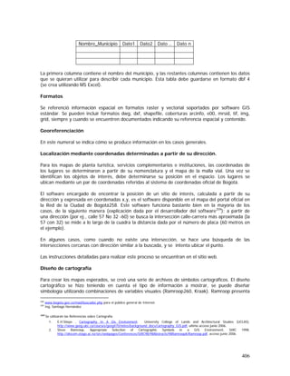 406
Nombre_Municipio Dato1 Dato2 Dato .. Dato n
La primera columna contiene el nombre del municipio, y las restantes columnas contienen los datos
que se quieran utilizar para describir cada municipio. Esta tabla debe guardarse en formato dbf 4
(se crea utilizando MS Excel).
Formatos
Se referenció información espacial en formatos raster y vectorial soportados por software GIS
estándar. Se pueden incluir formatos dwg, dxf, shapefile, coberturas arcinfo, e00, mrsid, tif, img,
grid, siempre y cuando se encuentren documentados indicando su referencia espacial y contenido.
Georeferenciación
En este numeral se indica cómo se produce información en los casos generales.
Localización mediante coordenadas determinadas a partir de su dirección.
Para los mapas de planta turística, servicios complementarios e instituciones, las coordenadas de
los lugares se determinaron a partir de su nomenclatura y el mapa de la malla vial. Una vez se
identifican los objetos de interés, debe determinarse su posición en el espacio. Los lugares se
ubican mediante un par de coordenadas referidas al sistema de coordenadas oficial de Bogotá.
El software encargado de encontrar la posición de un sitio de interés, calculada a partir de su
dirección y expresada en coordenadas x,y, es el software disponible en el mapa del portal oficial en
la Red de la Ciudad de Bogotá258. Este software funciona bastante bien en la mayoría de los
casos, de la siguiente manera (explicación dada por el desarrollador del software259
): a partir de
una dirección (por ej., calle 57 No 32 -60) se busca la intersección calle-carrera más aproximada (la
57 con 32) se mide a lo largo de la cuadra la distancia dada por el número de placa (60 metros en
el ejemplo).
En algunos casos, como cuando no existe una intersección, se hace una búsqueda de las
intersecciones cercanas con dirección similar a la buscada, y se intenta ubicar el punto.
Las instrucciones detalladas para realizar este proceso se encuentran en el sitio web.
Diseño de cartografía
Para crear los mapas esperados, se creó una serie de archivos de símbolos cartográficos. El diseño
cartográfico se hizo teniendo en cuenta el tipo de información a mostrar, se puede diseñar
simbología utilizando combinaciones de variables visuales (Ramroop260, Kraak). Ramroop presenta
258
www.bogota.gov.co/mad/buscador.php para el público general de Internet.
259
Ing. Santiago Hernández
260
Se utilizarán las Referencias sobre Cartografía
1. E.H.Silayo , Cartography In A Gis Environment. University College of Lands and Architectural Studies (UCLAS).
http://www.geog.ubc.ca/courses/geog470/notes/background_docs/cartography_GIS.pdf, ultimo acceso junio 2006.
2. Steve Ramroop, Appropriate Selection of Cartographic Symbols in a GIS Environment, SIRC 1998.
http://divcom.otago.ac.nz/sirc/webpages/Conferences/SIRC98/98Abstracts/98RamroopA/Ramroop.pdf, acceso junio 2006.
 