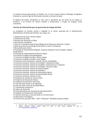 407
un método estructurado basado en Elzakker con el cual se puede diseñar simbología cartográfica
teniendo en cuenta el tipo de información existente en la base de datos.
El objetivo del diseño cartográfico en este caso es garantizar que los temas de los mapas se
muestren a sus lectores de manera intuitiva y comunicativa, y tengan un lenguaje visual
consistente.
Fuentes de información para la generación de mapas del Plan
La cartografía en formato arcinfo o shapefile es la oficial, generada por el Departamento
Administrativo de Planeación Distrital. Sus mapas son:
1 Clasificación del Suelo: Distrito Capital
2 Clasificación del Suelo
3 Amenaza por Remoción en Masa
4 Amenaza por Inundación
5 Zonas de Tratamiento especial para Mitigación de Riesgo por Remoción en Masa
6 Suelo de protección por Riesgo de Remoción en masa e inundación
7 Microzonificación sísmica
8 Estrategia de Ordenamiento Regional: Esquema Indicativo red de Ciudades: Bogotá -
Cundinamarca
9 Estrategia de Ordenamiento del Distrito Capital
10 Estructura Ecológica Principal Regional
11 Estructura Ecológica Principal: Distrito Capital
12 Estructura Ecológica Principal: Suelo Urbano
13 Estructura socio-económica y espacial: Red de centralidades
14 Estructura funcional: Sistema de movilidad / Subsistemas Viales
15 Estructura funcional: Sistema de movilidad / Subsistemas de Transporte
16 Estructura funcional: Sistema de movilidad / Secciones Viales
17 Estructura funcional: Sistema de Espacio Público
18 Estructura funcional: Sistema de Acueducto
19 Estructura funcional: Sistema de Saneamiento Básico
20 Estructura funcional: Sistema de Alcantarillado Pluvial
21 Estructura funcional: Sistema de Gas
22 Programa de vivienda de Interés Social
23 Programa de Renovación Urbana
24 Programa de Patrimonio Construido
25 Usos del Suelo Urbano y de Expansión
26 Usos del Suelo: Areas de Actividad Minera
27 Tratamientos Urbanísticos
28 Indices de Desarrollo
29 Zonas Normativas por Demanda de Estacionamientos
30 Unidades de Planeamiento Zonal (UPZ)
31 Sistemas Generales y Usos del Suelo en Territorio Rural
32 Operaciones Estratégicas
33 Escenario de ejecución 2004 - 2007 / Proyectos1: Movilidad y Espacio Público
3. Kraak, M. J. and F. J. Ormeling. 1996. Cartography--Visualization of Spatial Data. Edinburgh: Addison Wesley Longman.
4. Instituto Geográfico Agustín Codazzi. Cartilla de cómo se hacen mapas, disponible en línea en
http://www.igac.gov.co/carmapas.doc.
 