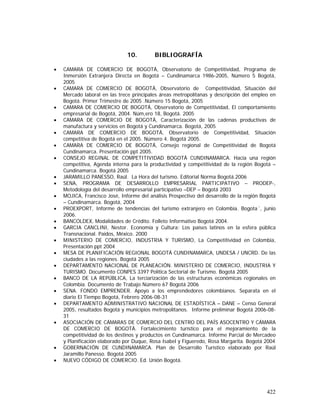 422
10. BIBLIOGRAFÍA
• CAMARA DE COMERCIO DE BOGOTÁ, Observatorio de Competitividad, Programa de
Inmersión Extranjera Directa en Bogotá – Cundinamarca 1986-2005, Número 5 Bogotá,
2005
• CAMARA DE COMERCIO DE BOGOTÁ, Observatorio de Competitividad, Situación del
Mercado laboral en las trece principales áreas metropolitanas y descripción del empleo en
Bogotá. Primer Trimestre de 2005 .Número 15 Bogotá, 2005
• CAMARA DE COMERCIO DE BOGOTÁ, Observatorio de Competitividad, El comportamiento
empresarial de Bogotá, 2004. Núm,ero 18, Bogotá. 2005
• CAMARA DE COMERCIO DE BOGOTÁ, Caracterización de las cadenas productivas de
manufactura y servicios en Bogotá y Cundinamarca. Bogotá, 2005
• CAMARA DE COMERCIO DE BOGOTÁ, Observatorio de Competitividad, Situación
competitiva de Bogotá en el 2005. Número 4. Bogotá 2005.
• CAMARA DE COMERCIO DE BOGOTÁ, Consejo regional de Competitividad de Bogotá
Cundinamarca. Presentación ppt 2005.
• CONSEJO REGINAL DE COMPETITIVIDAD BOGOTÁ CUNDINAMARCA. Hacia una región
competitiva, Agenda interna para la productividad y competitividad de la región Bogotá –
Cundinamarca. Bogotá 2005
• JARAMILLO PANESSO, Raúl. La Hora del turismo. Editorial Norma Bogotá.2006
• SENA, PROGRAMA DE DESARROLLO EMPRESARIAL PARTICIPATIVO – PRODEP-,
Metodología del desarrollo empresarial participativo –DEP – Bogotá 2003
• MOJICA, Francisco José, Informe del análisis Prospectivo del desarrollo de la región Bogotá
– Cundinamarca. Bogotá, 2004
• PROEXPORT, Informe de tendencias del turismo extranjero en Colombia. Bogota´, junio
2006.
• BANCOLDEX, Modalidades de Crédito. Folleto Informativo Bogotá 2004.
• GARCIA CANCLINI, Nestor. Economía y Cultura: Los países latinos en la esfera pública
Transnacional. Paidos, México. 2000
• MINISTERIO DE COMERCIO, INDUSTRIA Y TURISMO, La Competitividad en Colombia,
Presentación ppt 2004
• MESA DE PLANIFICACIÓN REGIONAL BOGOTÁ CUNDINAMARCA, UNDESA / UNCRD. De las
ciudades a las regiones. Bogotá 2005
• DEPARTAMENTO NACIONAL DE PLANEACIÓN. MINISTERIO DE COMERCIO, INDUSTRIA Y
TURISMO. Documento CONPES 3397 Política Sectorial de Turismo. Bogotá 2005
• BANCO DE LA REPÚBLICA, La terciarización de las estructuras económicas regionales en
Colombia. Documento de Trabajo Número 67 Bogotá 2006
• SENA. FONDO EMPRENDER. Apoyo a los emprendedores colombianos. Separata en el
diario El Tiempo Bogotá, Febrero 2006-08-31
• DEPARTAMENTO ADMINISTRATIVO NACIONAL DE ESTADÍSTICA – DANE – Censo General
2005, resultados Bogotá y municipios metropolitanos. Informe preliminar Bogotá 2006-08-
31
• ASOCIACIÓN DE CÁMARAS DE COMERCIO DEL CENTRO DEL PAÍS ASOCENTRO Y CÁMARA
DE COMERCIO DE BOGOTÁ. Fortalecimiento turístico para el mejoramiento de la
competitividad de los destinos y productos en Cundinamarca. Informe Parcial de Mercadeo
y Planificación elaborado por Duque, Rosa Isabel y Figueredo, Rosa Margarita. Bogotá 2004
• GOBERNACIÓN DE CUNDINAMARCA. Plan de Desarrollo Turístico elaborado por Raúl
Jaramillo Panesso. Bogotá 2005
• NUEVO CÓDIGO DE COMERCIO. Ed. Unión Bogotá.
 