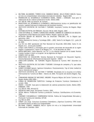 423
• BELTRÁN, ALEJANDRO, TORRES ELSA, CAMARGO RAFAEL, BELLO PEREZ CARLOS, Pymes
yn reto a la competitividad. Universidad externado de Colombia. Bogotá 2004
• PROMOCIÓN AL DESARROLLO ECONÓMICO RURAL, PADER – CONSUDE. Guía para la
elaboración de las cadenas productivas locales. Bolivia 2000
• LEY 300 DE 1996 Ley General de Turismo.
• MINISTERIO DE DESARROLLO ECONÓMICO 2000.Asistencia técnica en planificación del
turismo, capítulo Guía para la elaboración del inventario turístico.
• INSTITUTO DISTRITAL DE CULTURA Y TURISMO. Inventario Turístico de Bogotá, Mayo
2006.
• SISTEMA DISTRITAL DE PARQUES. Decreto 190 de 2004, Bogotá, 2004.
• CASA EDITORIAL EL TIEMPO, FUNDACIÓN CORONA, CÁMARA DE COMERCIO DE BOGOTÁ.
Seguimiento al Plan Maestro de Espacio Público. Bogotá, agosto de 2005.
• ALCALDÍA MAYOR DE BOGOTÁ. Plan de desarrollo 1998-2001, Por la Bogotá que
queremos, 2001.
• Política Nacional de Ciencia y Tecnología 2000 – 2002, Santa Fe de Bogotá, D.C., junio 28
de 2000.
• Ley 812 de 2003 aprobación del Plan Nacional de Desarrollo 2003-2006, Santa Fe de
Bogotá, D.C., 26 de junio de2003.
• Conpes 3256 Políticas y estrategias para la gestión concertada del desarrollo de la región
bogota—Cundinamarca. Santa Fe de Bogotá, D.C., 15 de diciembre de 2003.
• NUPIA MARTINEZ, Carlos Mauricio. Las TIC´s y su relación Espacial con la ciudad. Revista
Cambio Cambiar o morir es la opción de las Agencias de Viajes.
• CONPES 3397 de 2005.
• MINISTERIO DE EDUCACIÓN. Sistema Nacional de Formación de Educación Superior.
Sistema Nacional de Información de Educación Superior - SNIES
• DIRECCIÓN GENERAL DE TURISMO. Registro Nacional de Turismo. RNT. Diciembre de
2005
• INSTITUTO DISTRITAL DE CULTURA Y TURISMO. Estrategia de campaña y Tú, qué sabes
de Bogotá –2006.
• GOMEZ ESCOBAR Ignacio. Igomeze-Consultores. Posicionamiento, Top of mind, lealtad de
marca, intención de compra.
• INSTITUTO DISTRITAL DE CULTURA Y TURISMO. Resultados de la encuesta en la Bolsa
Internacional de Turismo de Milán - febrero de 2006. Percepción del destino Bogotá. Pág.
4.
• COMUNIDAD ANDINA DE NACIONES, MAZARS. Proyecto Mejora del Sector Turismo en la
Región Andina 2002-2004 –.
• FONDO DE PROMOCIÓN TURÍSTICA. Catálogo de Productos Turísticos Colombianos IV
versión. 2006
• PADER – COLUDE. Guía para la elaboración de cadenas productivas locales. Bolivia 2005.
EMBRAPA, 1999.
• Ley 300 de 1996, Artículo 62.
• VALENCIA CARO Jorge. Diccionario Turístico. 2005
• SESSA, Alberto. Producción Turística y productos Turísticos. Contribuciones a la Economía.
2004,
• TURISMO Y DESARROLLO: COMPROMISO SOCIAL. Política de Competitividad, Mercadeo y
Promoción Turística de Colombia. DITUR.
• Ley 905 de 2004.
• GARAY Luis Jorge. Estructura Económica Colombiana y Apertura Económica 1994 citado
por Beltrán Pymes un Reto a la Competitividad.
• BELTRAN, TORRES, CAMARGO, BELLO. Pymes Un reto a la Competitividad. Universidad
Externado de Colombia. 2004.
 
