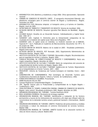 424
• AERONÁUTICA CIVIL.Boletines y estadísticas a mayo 2006. Cifras operacionales. Operación
nacional
• CÁMARA DE COMERCIO DE BOGOTÁ, CARCE. El aeropuerto internacional Eldorado: una
plataforma estratégica para el comercio exterior de Bogotá y Cundinamarca.. Bogotá,
noviembre de 2005.
• AERONÁUTICA CIVIL Memorias simposio: el transporte aéreo y el turismo en Colombia..
Bogotá, enero de 2005.
• SECRETARÍA DE TRÁNSITO Y TRANSPORTE DE BOGOTÁ. Sistema de movilidad. 2006
• ALCALDÍA MAYOR DE BOGOTÁ. Resumen ejecutivo Plan Maestro de Movilidad,. Bogotá,
2006
• LECHNER Norbert. Desafíos de un Desarrollo Humano: Individualización y Capital Social.
BID. 1999. PP 1.
• SUDARSKY John. Capítulo II, Elementos para la interpretación comparativa de los
resultados de la medición del capital social. Banco de la República. 1997.
• SUDARSKY John. El capital social en Colombia: La medición nacional con el BARCAS,
Separata N° 1 de 5. Publicado en Cuadernos de Macroeconomía, Documento 122. PP 5. 15
de octubre de 1999.
• ALCALDIA MAYOR DE BOGOTÁ. Balance de la ciudad en 2005 - Resultados preliminares.
Bogotá Como Vamos.
• ALCALDIA MAYOR DE BOGOTÁ. POT Revisado. 2003, Departamento Administrativo de
Planeación Distrital., Bogotá, 2003.
• INSTITUTO DISTRITAL DE CULTURA Y TURISMO. Bienvenidos a Bogotá: Recomendaciones
para la seguridad de turistas y visitantes. Bogotá, 2004.
• CONSEJO REGIONAL DE COMPETITIVIDAD DE BOGOTÁ Y CUNDINAMARCA. Hacia una
región competitiva. Bogotá, diciembre de 2004.
• INSTITUTO DISTRITAL DE CULTURA Y TURISMO. Matriz de compromisos del convenio de
competitividad del destino turístico de Bogotá. Bogotá, 2005.
• INSTITUTO DISTRITAL DE CULTURA Y TURISMO. Subdirección de Turismo. Mejoramiento
de la Competitividad en el Sector Turìsmo. 2001 – 2003
• PROEXPORT. Informe de Tendencias del Turismo Extranjero en Colombia. Enero – Abril
2006.
• GOBERNACIÓN DE CUNDINAMARCA. Plan Estratégico de Desarrollo Turístico para
Cundinamarca Secretaría de Deporte, Cultura y Turismo de Cundinamarca. 2006.
• FONDO BIOCOMERCIO COLOMBIA. Presentación.
• DAMA Resolución 052 de 2001
• Consejo Regional de Competitividad Bogotá – Cundinamarca.
• CRC. Agenda Interna para la Productividad y Competitividad de la Región Bogotá –
Cundinamarca. 2005
• CASA EDITORIAL EL TIEMPO, FUNDACIÓN CORONA, CÁMARA DE COMERCIO DE BOGOTÁ.
Bogotá, cómo vamos?. Resultados preliminares 2005. Bogotá, diciembre de 2005.
• ORGANIZACIÓN MUNDIAL DEL TURISMO - Turismo Panorama 20/20
• REAL ACADEMIA ESPAÑOLA. Diccionario de la lengua española.
• ORGANIZACIÓN MUNDIAL DEL TURISMO. Identificación y evaluación de los factores
permanentes y nuevos de las motivaciones de vacaciones y de viajes que influyen sobre las
características de la demanda turística actual y potencial nacional e internacional., Madrid
1985.
• ORGANIZACIÓN MUNDIAL DE TURISMO. UNWTO. Problemas del proteccionismo y medidas
encaminadas a reducir los obstáculos al comercio internacional de servicios turísticos.
Madrid 1988.
• ORGANIZACIÓN MUNDIAL DE TURISMO. UNWTO Gestión de la saturación turística en
sitios de interés natural y cultural. Madrid 2004.
 