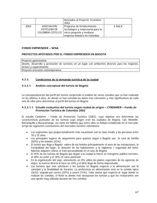 67
Asociados al Proyecto Econative
2002
2003 ASOCIACIÓN
HOTELERA DE
COLOMBIA COTELCO
Programa de fortalecimiento
tecnológico y empresarial para la
micro pequeña y mediana
empresa hotelera en Colombia.
$ 406,8
FONDO EMPRENDER – SENA
PROYECTOS APOYADOS POR EL FONDO EMPRENDER EN BOGOTÁ
Proyecto gastronomía
Diseño, desarrollo y prestación de servicios en un lugar con ambientes diversos para los negocios,
lectura y esparcimiento.
Proyecto artesanía contemporánea
4.3.3. Condiciones de la demanda turística de la ciudad
4.3.3.1. Análisis conceptual del turista de Bogotá
La conceptualización del perfil del turista comprende el análisis de varios estudios que se han realizado
en los últimos 4 años, de donde se han extraído los datos más relevantes y más significativos de cada
uno de ellos para determinar el perfil del turista en Bogotá
4.3.3.1.1. Estudio evaluativo del turista según ciudad de origen – CINDAMER – Fondo de
Promoción Turística de Colombia 2002
El estudio Cindamer - Fondo de Promoción Turística (2002), cuyo objetivo era determinar las
características puntuales de los turistas cuyo origen eran las ciudades de Bogotá, Cali, Medellín,
Barranquilla y Bucaramanga, así como los hábitos que entre ellos se habían establecido en el mercado,
arrojó las siguientes conclusiones del mercadeo turístico colombiano:
• Los segmentos que proporcionalmente más vacacionan son la clase media y las personas entre
18 y 35 años.
• Los principales lugares de alojamiento para quienes viajan a Bogotá son la casa de familia
(58%) y los hoteles (32%).
• El turista que llega a Bogotá valora de los hoteles principalmente el aseo de las instalaciones, la
tranquilidad del lugar, la dotación de las habitaciones y la vigilancia / seguridad del hotel.
Además adquiere relieve el trato personalizado en el caso de Bogotá.
• El 45% de los turistas de Bogotá que llegan a la ciudad lo hacen en transporte público terrestre,
el 38% en avión y el 18% en carro particular.
• En la organización del viaje, únicamente un 8% utiliza los planes especiales de las agencias de
viajes, la reserva directa la hace un 24% y el 68% llega de forma improvisada.
• Los factores que más satisfacen a los turistas en Bogotá respecto a la alimentación son la
variedad y la flexibilidad de horarios. La preferencia en alimentación está en la comida típica
(36%), seguida por carnes (20%) y casera (14%). Cabe anotar que respecto al lugar donde se
realizan las comidas, el hotel es donde más desayunan los turistas y que los restaurantes son
una opción muy utilizada durante las tres comidas.
 