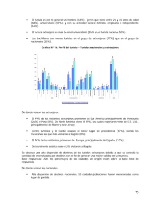75
El turista es por lo general un hombre (64%), joven que tiene entre 25 y 45 años de edad
(68%), universitario (57%), y con su actividad laboral definida, empleado o independiente
(64%).
El turista extranjero es más de nivel universitario (65% vs el turista nacional 50%).
Los bachilleres son menos turistas en el grupo de extranjeros (17%) que en el grupo de
nacionales (35%).
Gráfico Nº 16. Perfil del turista – Turistas nacionales y extranjeros
De dónde venían los extranjeros.
El 49% de los visitantes extranjeros provienen de Sur América principalmente de Venezuela
(26%) y Perú (8%). De Norte América viene el 19%, los cuales reportaron venir de E.E. U.U.,
principalmente de Miami y New Jersey.
Centro América y El Caribe ocupan el tercer lugar de procedencia (17%), siendo los
mexicanos los que más visitaron a Bogotá (8%).
- El 14% de los visitantes provienen de Europa, principalmente de España (10%).
Del continente asiático solo el 2% visitaron a Bogotá.
Se observa una alta dispersión de destinos de los turistas extranjeros debido a que se controló la
cantidad de entrevistados por destinos con el fin de generar una mayor validez en la muestra.
Base respuestas: 200, los porcentajes de las ciudades de origen están sobre la base total de
respuestas
De dónde venían los nacionales.
Alta dispersión de destinos nacionales, 55 ciudades/poblaciones fueron mencionadas como
lugar de partida.
20%
39%
24%
10%
7%
1%
6%
35%
50%
7%
23%
27%
29%
2%
3%
8%
7%
58%
42%
14%
43%
31%
8%
5%
0%
1%
19%
65%
14%
17%
37%
35%
2%
1%
4%
5%
70%
30%
0%
10%
20%
30%
40%
50%
60%
70%
80%
18A25
26A35
36A45
46a55
Másde56años
Ninguno
Primaria
Bachillerato
Universidad
Postgrado
Estudiante
Empleado
Independiente
Pensionado
Desempleado
Amadecasa
Otro
Hombre
Mujer
EDAD NI VEL EDUCATI VO OCUPACI ÓN SEXO
Turistas Nacionales Turistas Extranjeros
 