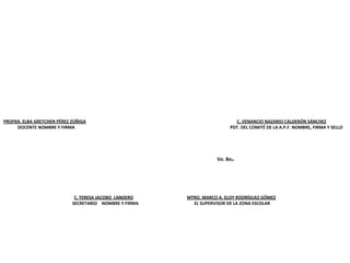 PROFRA. ELBA GRETCHEN PÉREZ ZÚÑIGA C. VENANCIO NAZARIO CALDERÓN SÁNCHEZ
DOCENTE NOMBRE Y FIRMA PDT. DEL COMITÉ DE LA A.P.F. NOMBRE, FIRMA Y SELLO
C. TERESA JACOBO LANDERO MTRO. MARCO A. ELOY RODRÍGUEZ GÓMEZ
SECRETARIO NOMBRE Y FIRMA EL SUPERVISOR DE LA ZONA ESCOLAR
Vo. Bo.
 
