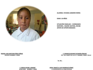 PROFRA. ELBA GRETCHEN PÉREZ ZÚÑIGA C. VENANCIO NAZARIO CALDERÓN SÁNCHEZ
DOCENTE NOMBRE Y FIRMA PDT. DEL COMITÉ DE LA A.P.F. NOMBRE, FIRMA Y SELLO
C. TERESA JACOBO LANDERO MTRO. MARCO A. ELOY RODRÍGUEZ GÓMEZ
SECRETARIO NOMBRE Y FIRMA EL SUPERVISOR DE LA ZONA ESCOLAR
Vo. Bo.
ALUMNA: VIVIANA LANDERO MORA
EDAD: 10 AÑOS
SITUACIÓN FAMILIAR: 2 HERMANOS
MAYORES, MADRE SOLTERA, RECIBE
APOYO DE OPORTUNIDADES
 