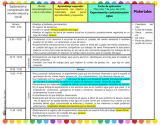 Exploración y
comprensión del
mundo natural y
social
Mundo
natural/exploració
n de la naturaleza
Aprendizaje esperado:
Experimenta con objetos y
materiales para poner
aprueba ideas y supuestos
Fecha de aplicación
Miércoles 7 de junio del 2023
Experimento contaminación
agua
Materiales
Horario
9:00 – 9:30
Inicio
• Realizar actividades permanentes:
• El registro de asistencia
• Cantar un saludo (música sugerida descarga)
• Realizar el registro de fecha de manera visual en el pizarrón posteriormente registrarla en su
hoja de trabajo (anexo)
• Calendario del
mes
• Fichas de trabajo
• Vasos, pecera,
etc.
• De vidrio
• Peces de plástico
• Aceite de cocina
9:30 – 10:20 • Invitaremos a los alumnos a escuchar la canción el cuidado del medio ambiente o también
pueden ver el video. Lo cantaremos un par de veces.
• Posteriormente introduciremos a los alumnos sobre el tema del cuidado del medio ambiente y
el cuidado del agua, los alumnos compartirán sus trabajos de tarea. Previamente la educadora
elaborar un tira como línea de tiempo en la cual se irán colocando (pegando) los trabajos de los
niños cuando participen en exponer su trabajo sobre acciones para el cuidado del agua.
10:15 -10:30
Desarrollo
• Entregaremos una hoja de trabajo para que lo alumnos identifiquen acciones para el cuidado el
medio ambiente.
• También una hoja de trabajo para que realicen el conteo de gotitas, etc. que hay en cada
conjunto.
10:30 -11:00 Receso
11:00 –11:40
Cierre
• Para continuar realizaremos un experimento para que los alumnos observen lo que le sucede al
gua limpia de ríos, mares, lagos, arroyos, etc. si la contaminamos con desechos, basura, etc.
• Los materiales son los siguientes: una vaso de agua o un recipiente grande transparente puede
ser una jarra o una pecera de vidrio si es pecera le podemos colocar peces de juguetes.
• Mostraremos los materiales.: aceite de cocina, un poco de basura pequeña, colorante de colores.
• En el agua limpia les explicaremos a los alumnos que así es nuestra agua pero que pasa si la
empezamos contaminar agregamos el aceite y movemos, después la basura y el colorante y
observaremos lo que sucede.
• Comentaremos lo que estamos observando.
• Explicando que de esa manera se contamina el agua y a pesar de que quitemos la basura, aceite
, etc. El agua aun así queda dañada y esa agua es la que corren por nuestros ríos y mares y si los
animales beben agua contaminada se enferman y mueren, si nos metemos a nadar podemos
enfermarnos. (materiales llevados previamente por la docente)
11:40 -12:00 • Elaboraremos el registro del el experimento observado en nuestra ficha de trabajo (anexo ficha)
• Cantaremos la canción del cuidado del agua (anexo)
• Nos despediremos con una canción.
 