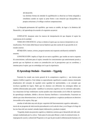 del desarrollo.
              Las distintas formas de entender la equilibración se observan en forma integrada y
              simultánea cuando un sujeto se pone frente a una situación que desequilibra sus
              propias estructuras y lo obliga a realizar compensaciones.


      La búsqueda permanente del equilibrio, que nunca es estable, da lugar a la dinámica del
Desarrollo y del aprendizaje de acuerdo a la siguiente secuencia:


      CONFLICTO: desajuste entre los marcos de interpretación de que dispone el sujeto las
experiencias de la realidad.
      TOMA DE CONCIENCIA: se hace evidente al sujeto que sus marcos interpretativos son
insuficientes. Por lo tanto debe buscar nuevas hipótesis que den cuenta de lo que percibe en el
mundo exterior.
      BÚSQUEDA: tanteos, errores, progresivamente una respuesta satisfactoria realidad le
muestra.
      CONSTRUCCIÓN: implica el logro de un nuevo equilibrio, que resulta un nuevo esquema
de conocimiento, suficiente para el sujeto, tomando los conocimientos que anteriormente poseía y
permite que sus hipótesis no entren en contradicción con la percepciones que no coordinan, e
intentan para el sujeto, que no contradiga con lo que la experiencia


      El Aprendizaje Mediado - Feuerstein – Viygotsky

      Fuerstein ha creado una teoría general de la competencia cognitiva y una técnica para
reparar el déficit cognitivo. Este trabajo es especialmente significativo cuando estamos intentando
desplazamos del concepto de equidad como igualdad de oportunidades, a un concepto que
involucra igualdad de logros. Dado que los alumnos son diferentes las estrategias deben ser
también diferenciadas para poder modificar la estructura cognitiva con los estímulos adecuados.
Las situaciones de bajo rendimiento escolar pueden estar relacionadas con la falta de experiencia
de aprendizajes mediados, debido a diversos factores familiares o socioculturales. Feuerstein no
admite que estas determinaciones, ni aún los factores genéticos u orgánicos produzcan un deterioro
irreversible en los sujetos. Hay que
      enseñar al individuo una serie de pre- requisitos del funcionamiento cognitivo adecuado a
través de un programa de intervención psicoeducativo en la sala de clase y en el hogar a lo largo de
las tres fases del acto mental: entrada (input) elaboración y producto (output)
      Viygotsky desde una posición cognitiva y dialéctica sostiene que el desarrollo del niño está
siempre mediatizado por la cultura. Tanto para él como para Bruner y todo el constructivismo, la
impregnación social y cultural del Psiquismo es lo que ha provocado la diferenciación humana a lo
 