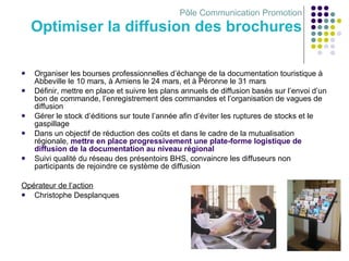 Pôle Communication Promotion Optimiser la diffusion des brochures Organiser les bourses professionnelles d’échange de la documentation touristique à Abbeville le 10 mars, à Amiens le 24 mars, et à Péronne le 31 mars Définir, mettre en place et suivre les plans annuels de diffusion basés sur l’envoi d’un bon de commande, l’enregistrement des commandes et l’organisation de vagues de diffusion Gérer le stock d’éditions sur toute l’année afin d’éviter les ruptures de stocks et le gaspillage Dans un objectif de réduction des coûts et dans le cadre de la mutualisation régionale,  mettre en place progressivement une plate-forme logistique de diffusion de la documentation au niveau régional Suivi qualité du réseau des présentoirs BHS, convaincre les diffuseurs non participants de rejoindre ce système de diffusion  Opérateur de l’action Christophe Desplanques 