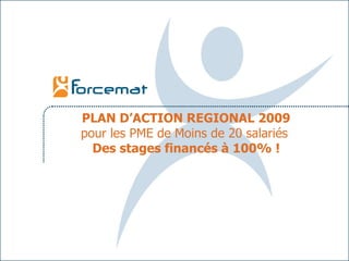 PLAN D’ACTION REGIONAL 2009 pour les PME de Moins de 20 salariés   Des stages financés à 100% ! 