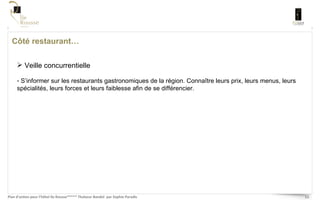 Côté restaurant… Veille concurrentielle S’informer sur les restaurants gastronomiques de la région. Connaître leurs prix, leurs menus, leurs spécialités, leurs forces et leurs faiblesse afin de se différencier.  