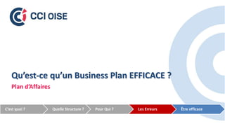 Qu’est-ce qu’un Business Plan EFFICACE ?
Plan d’Affaires
C’est quoi ? Quelle Structure ? Pour Qui ? Les Erreurs Être efficace
 