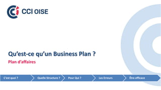 Qu’est-ce qu’un Business Plan ?
Plan d’affaires
C’est quoi ? Quelle Structure ? Pour Qui ? Les Erreurs Être efficace
 