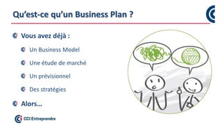 Qu’est-ce qu’un Business Plan ?
Vous avez déjà :
Un Business Model
Une étude de marché
Un prévisionnel
Des stratégies
Alors…
 