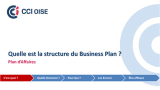 Quelle est la structure du Business Plan ?
Plan d’Affaires
C’est quoi ? Quelle Structure ? Pour Qui ? Les Erreurs Être efficace
 
