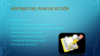 VENTAJAS DEL PLAN DE ACCIÓN
• Dirección clara
• Tener las metas escritas y planificadas
• Permite hacer seguimiento a nuestros objetivos
• Ayuda a priorizar las tareas
• Marca los tiempos de avances
• indicadores Del plan de acción
• Porceso de Evaluación