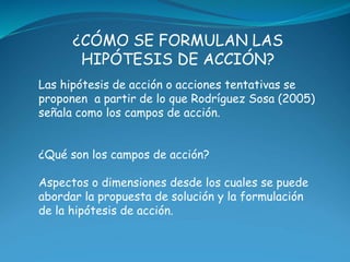 ¿CÓMO SE FORMULAN LAS 
HIPÓTESIS DE ACCIÓN? 
Las hipótesis de acción o acciones tentativas se 
proponen a partir de lo que...