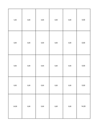 5,00    0,00   0,00   0,00   0,00   5,00




0,00    0,00   0,00   0,00   0,00   0,00




0,00    0,00   0,00   0,00   0,00   0,00




0,00    0,00   0,00   0,00   0,00   0,00




14,00   0,00   0,00   0,00   0,00   14,00
 
