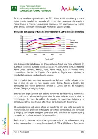 Empresa Pública para la Gestión
del Turismo y del Deporte de Andalucía
CONSEJERÍA DE TURISMO Y COMERCIO
Plan de Acción 2013 159
En lo que se refiere a gasto turístico, en 2011 China acorta posiciones y ocupa el
tercer puesto mundial por segundo año consecutivo, superando claramente a
Reino Unido y a Francia. Las primeras posiciones, con trayectorias muy reñidas
entre ambas, continúan ocupadas por Alemania y Estados Unidos.
Evolución del gasto por turismo internacional ($EEUU miles de millones)
10
20
30
40
50
60
70
80
90
2000 2005 2009 2010 2011
Alemania
EstadosUnidos
China
ReinoUnido
Francia
Fuente: OMT
Los destinos más visitados por los Chinos están en Asia (Hong Kong y Macao). En
cuanto al continente europeo recibe apenas un 4% del turismo chino, destacando
Reino Unido, Alemania, Francia, Italia, Países Bajos, Suiza y Finlandia como
competidores directos de España. Cabe destacar Nigeria como destino de
popularidad creciente en el continente africano.
Las principales áreas emisoras son aquellas de la franja oriental del país en las
que el nivel de vida es más elevado como Beijing, Tianjin y Cantón. Los
aeropuertos que tienen conexiones directas a Europa son los de Hangzhou,
Wuhan, Chenyan, Chengdu y Nanjin.
El turista que elige España u otro destino europeo es de clase culta y acomodada,
no condicionada del nivel de ingresos sino de otras variables como el nivel de
conocimiento del país, la política de visados, la promoción turística y la
conectividad aérea. Muestran un alto interés por la realización de compras.
El comportamiento del viajero chino se caracteriza por una visita incesante de
monumentos, con profusión de fotografía para efecto demostrativo ante familiares
y amigos y con compra de regalos para todos ellos. Modalidad de viaje en avión y
recorrido de circuito de varias ciudades en destino.
Predominan por tanto los circuitos para grupos en autocar que incluyen compras y
visitas monumentales con un coste medio entre 2.500 y 5.000 euros. También se
 