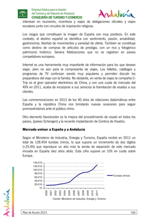 Empresa Pública para la Gestión
del Turismo y del Deporte de Andalucía
CONSEJERÍA DE TURISMO Y COMERCIO
Plan de Acción 2013 160
interesan en reuniones, incentivos y viajes de delegaciones oficiales y viajes
escolares junto con circuitos de inspiración religiosa.
Los rasgos que constituyen la imagen de España son muy positivos. En este
contexto, el destino español se identifica con sentimiento, pasión, amabilidad,
gastronomía, libertad de movimientos y variedad de oferta. También se constituye
como destino de compras de artículos de prestigio, con un rico y fotogénico
patrimonio histórico. Genera fidelizaciones que no se registran en países
competidores europeos.
Internet es una herramienta muy importante de información para los que desean
viajar, pero no aún para la compraventa de viajes. Los folletos, catálogos y
programas de TV continúan siendo muy populares y permiten discutir los
preparativos del viaje con la familia. No obstante, en venta de viajes la compañía C-
Trip es el gran operador electrónico de China, y con una cuota de mercado del
49% en 2011, acaba de incorporar a sus servicios la tramitación de visados a sus
clientes.
Las conmemoraciones en 2013 de los 40 años de relaciones diplomáticas entre
España y la república China nos brindarán nuevas ocasiones para seguir
promoviéndonos ante el público chino.
Otro elemento favorecedor es la mejora del procedimiento de visado en todos los
países, (países Schengen) y la reciente implantación de Centros de Visados.
Mercado emisor a España y a Andalucía
Según el Ministerio de Industria, Energía y Turismo, España recibió en 2011 un
total de 128.454 turistas chinos, lo que supone un incremento de dos dígitos
(+25,4%) que reproduce un año más la senda de expansión de este mercado
iniciada en España diez años atrás. Esta cifra supone un 10% en cuota sobre
Europa.
Fuente: Ministerio de Industria, Energía y Turismo
10
20.010
40.010
60.010
80.010
100.010
120.010
140.010
2000
2001
2002
2003
2004
2005
2006
2007
2008
2009
2010
2011
Turistas chinos
 