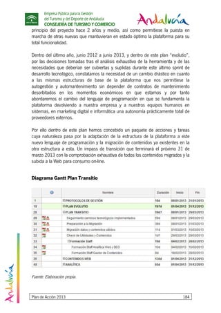 Empresa Pública para la Gestión
del Turismo y del Deporte de Andalucía
CONSEJERÍA DE TURISMO Y COMERCIO
Plan de Acción 2013 184
principio del proyecto hace 2 años y medio, así como permitiese la puesta en
marcha de otras nuevas que mantuvieran en estado óptimo la plataforma para su
total funcionalidad.
Dentro del último año, junio 2012 a junio 2013, y dentro de este plan “evolutio”,
por las decisiones tomadas tras el análisis exhaustivo de la herramienta y de las
necesidades que deberían ser cubiertas y suplidas durante este último sprint de
desarrollo tecnológico, constatamos la necesidad de un cambio drástico en cuanto
a las mismas estructuras de base de la plataforma que nos permitiese la
autogestión y automantenimiento sin depender de contratos de mantenimiento
desorbitados en los momentos económicos en que estamos y por tanto
abordaremos el cambio del lenguaje de programación en que se fundamenta la
plataforma devolviendo a nuestra empresa y a nuestros equipos humanos en
sistemas, en marketing digital e informática una autonomía prácticamente total de
proveedores externos.
Por ello dentro de este plan hemos concebido un paquete de acciones y tareas
cuya naturaleza pasa por la adaptación de la estructura de la plataforma a este
nuevo lenguaje de programación y la migración de contenidos ya existentes en la
otra estructura a esta. Un impass de transición que terminará el próximo 31 de
marzo 2013 con la comprobación exhaustiva de todos los contenidos migrados y la
subida a la Web para consumo on-line.
Diagrama Gantt Plan Transitio
Fuente: Elaboración propia.
 